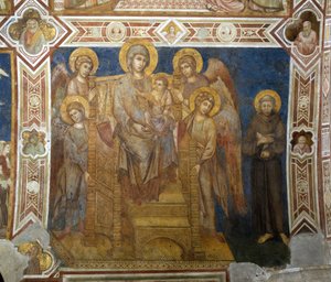 Madonna og barn tronet med engler og den hellige Frans av Assisi